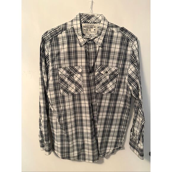 Nautica Men’s Button Up Long Sleeve Buttondown Shirt Black White plaid Sz medi - Picture 1 of 5